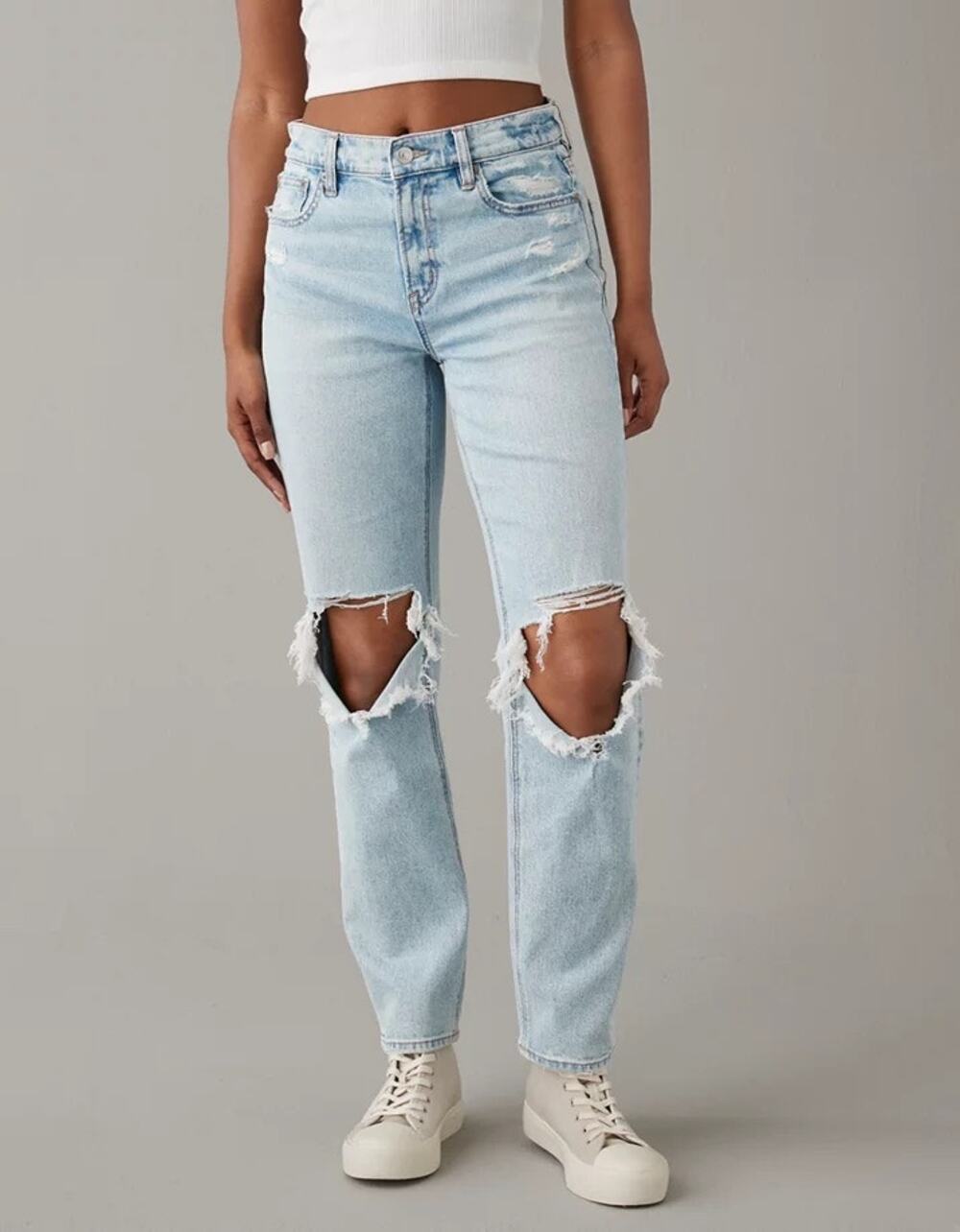 AE American Eagle Stretch Super High-Waisted Ripped Ankle Straight Jean Preppy